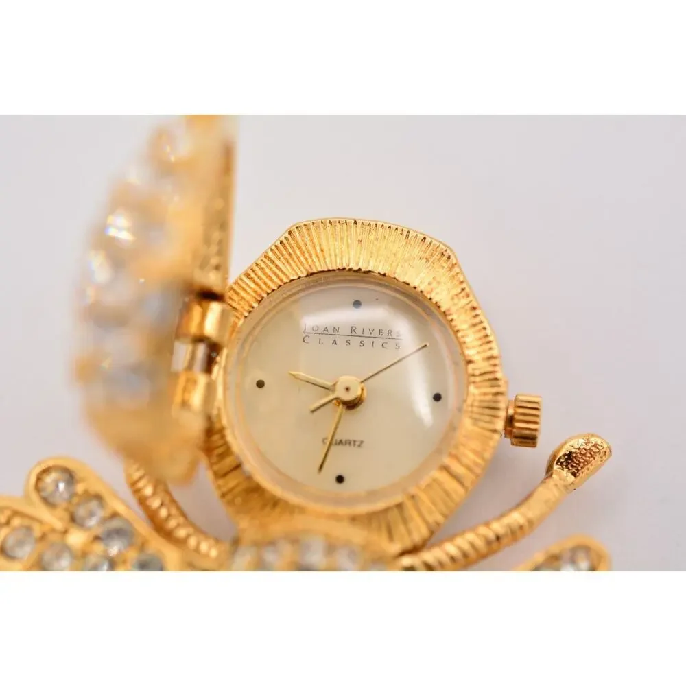 Joan Rivers Vintage Fly Watch Pin Brooch Rhinestone Crystal Gold Signed Bin5A